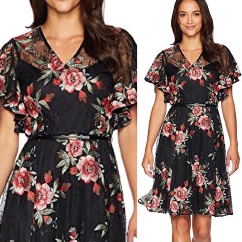 Calvin Klein black floral embroidery flutter sleeved dress